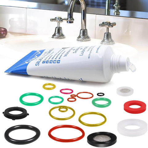 Food Grade Silicone Lubricating Plumber Grease For Waterproof Faucets And O Rings, Pool Filters, And Valve Stems 3 Pack, 1 Oz Tubes With Brush in bathroom with washers and O-rings shown.