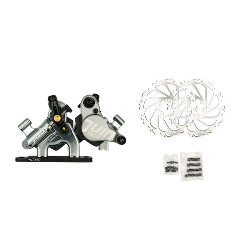 F1 Hybrid Hydraulic Disc Brake Set With Flat Mount Front And Rear Calipers 160mm Rotors Included For Road And Gravel Bikes components displayed.