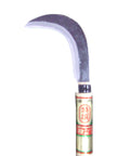 Heavy Duty Cutting Scythe For Kudzu And Vines, 450 mm Cobb Pattern, Made In Japan, curved blade close-up on green handle