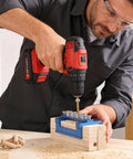 Man using drill with All In One Doweling Jig Kit And Biscuit Jointer Set For Precision Woodworking Joinery Adjustable Doweling Jig