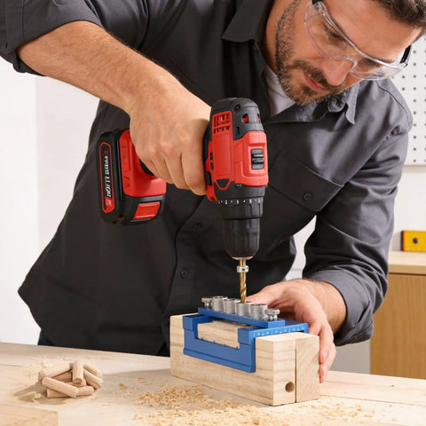 Man using drill with All In One Doweling Jig Kit And Biscuit Jointer Set For Precision Woodworking Joinery Adjustable Doweling Jig