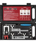 Wostore brake line flare kit in hard black case; blue-handled tubing cutter and metal flare bars for SAE/ISO flares