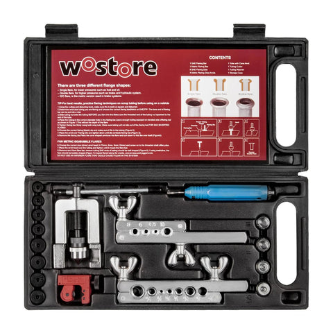 Wostore brake line flare kit in hard black case; blue-handled tubing cutter and metal flare bars for SAE/ISO flares