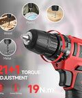 149 Piece Home Drill Set With 12V Red Cordless Drill LED Light 21 Plus 1 Torque Settings 19Nm Lightweight Ergonomic Handy Tool Kit