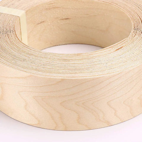 Maple Wood Veneer Edge Banding, 2 Inch By 50 Foot Roll, Preglued Iron On Edgebanding With Hot Melt Adhesive, close-up view.