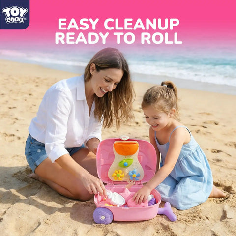 Mother and child playing with Unicorn Themed Rolling Sand Toy Suitcase For Kids Beach Fun with Water Play Table on the sand.