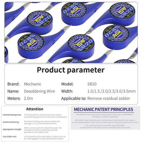 Pro Grade Desoldering Wick Set SR20 showing multiple rolls with specification details and applicable uses for solder removal