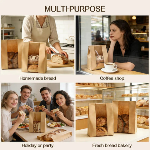 Alt Tag: Multi-purpose 100 Pack Bread Bags With Clear Window And 120 Stickers For Homemade Bread Storage Sourdough Bread Bags For Bread Cookies And Snacks In Large Bakery Paper Bags used in various settings.
