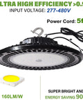 480V UFO LED High Bay Light Workhorse With 100W 120W 150W Selectable Output, 24000 Lumens At 5000K, 277-480Vac, 0-10V Dimmable, IP65 Weatherproof, ETL Listed, HID Replacement For Industrial Warehouse Lighting shown in image