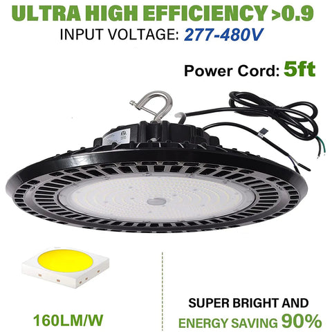 480V UFO LED High Bay Light Workhorse With 100W 120W 150W Selectable Output, 24000 Lumens At 5000K, 277-480Vac, 0-10V Dimmable, IP65 Weatherproof, ETL Listed, HID Replacement For Industrial Warehouse Lighting shown in image