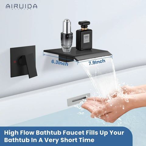 Wall Mount Tub Filler Faucet With Waterfall Spout High Flow Single Handle Brass Rough In Valve Slick Matte Black Finish Sleek Modern Tap For Wall Mounted Bathroom Sink And Tub with water flowing into hands