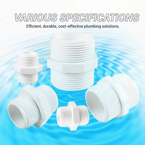 Five Pack 1-1/2 Inch PVC Pipe Fittings Hex Nipple G1-1/2 X G1-1/2 Male Thread Coupling Connector Kit with 10m Sealing Tape image