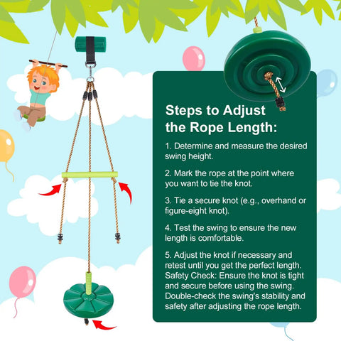 Disc Swing With Monkey Bars For Backyard Playground Set Heavy Duty Rope Swing with adjustment steps and green elements