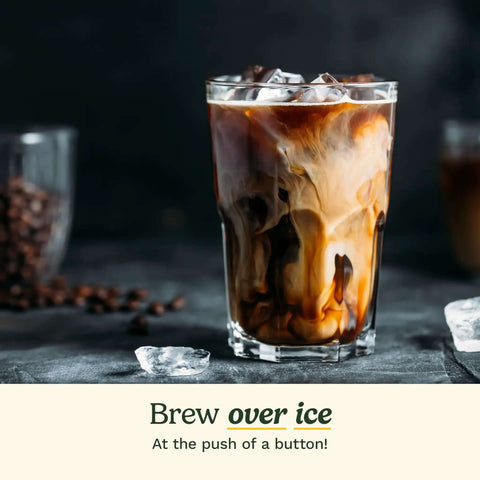 Glass of iced coffee showcasing "Brew over ice" feature of 14 Cup PerfecTemp Programmable Coffee Maker With Glass Carafe.