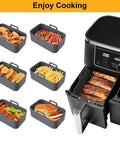 2 Pack Air Fryer Silicone Pots For Foodi Dual DZ201 8Qt And DZ090 6Qt with food, Reusable Silicone Liners With Mitts, Nonstick BPA Free