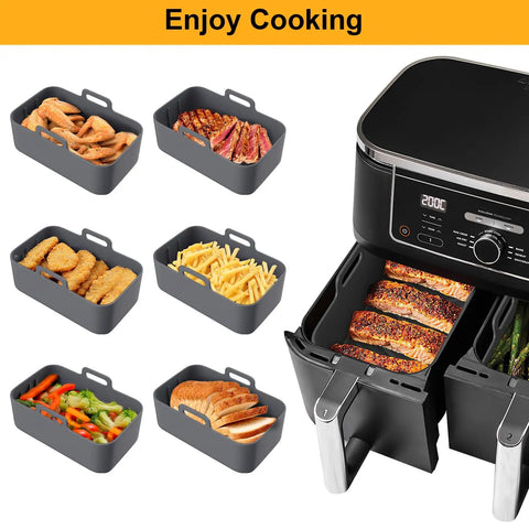 2 Pack Air Fryer Silicone Pots For Foodi Dual DZ201 8Qt And DZ090 6Qt with food, Reusable Silicone Liners With Mitts, Nonstick BPA Free