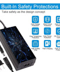 Universal 42V 2A Fast Charger With Six Plugs For 36V Li Ion Batteries showing safety features and multiple protection icons.