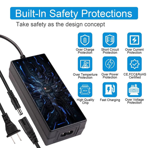 Universal 42V 2A Fast Charger With Six Plugs For 36V Li Ion Batteries showing safety features and multiple protection icons.