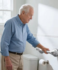 Elderly man using 17 Inch Suction Bath Grab Bar for Showers Heavy Duty Safety Handle Supports Up to 300 Lbs White Tub Rail