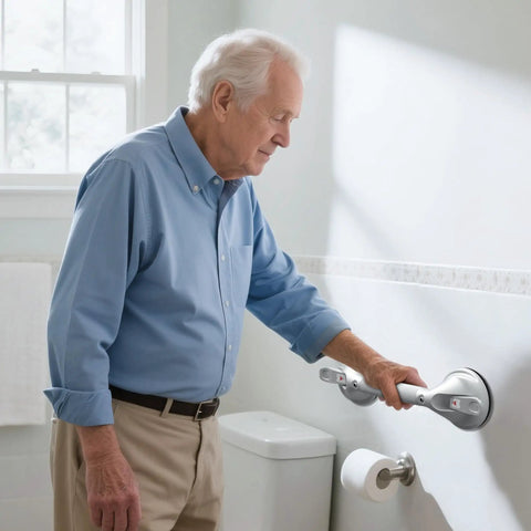 Elderly man using 17 Inch Suction Bath Grab Bar for Showers Heavy Duty Safety Handle Supports Up to 300 Lbs White Tub Rail