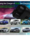 CCS1 To CCS2 EV DC Fast Charging Adapter 200A 1000V Electric Vehicle Converter Dongle showing compatibility with multiple car brands.