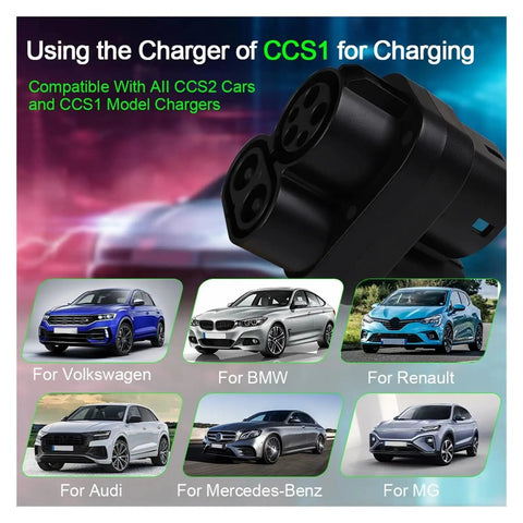 CCS1 To CCS2 EV DC Fast Charging Adapter 200A 1000V Electric Vehicle Converter Dongle showing compatibility with multiple car brands.