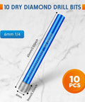 Front view of Amazon 10-piece dry diamond drill bit set; blue 6 mm bits, 1/4in shank.