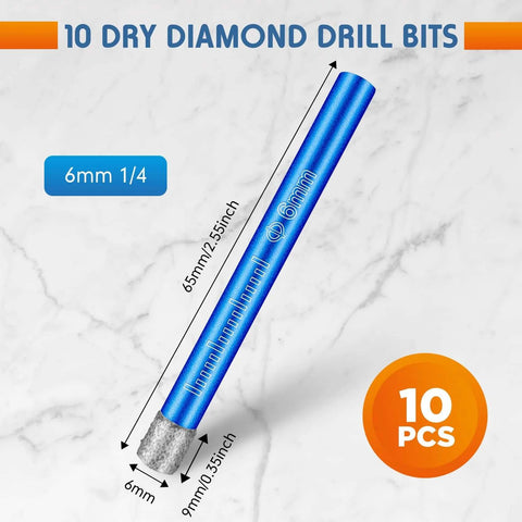 Front view of Amazon 10-piece dry diamond drill bit set; blue 6 mm bits, 1/4in shank.