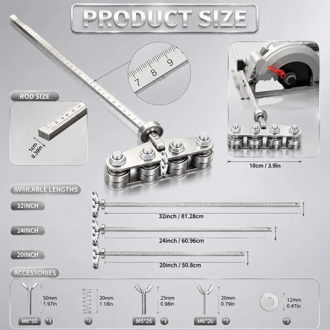 Adjustable Circular Saw Guide Rail With Bullseye Accurate 20 Inch Positioning Calipers, showing steel measurements and lengths for woodworking.