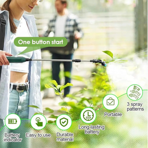 Person using Battery Powered Sprayer Wand With Telescopic 16.4Ft Hose, Rechargeable Electric Watering Handle, 3 Adjustable Nozzles And Filter, Extends From 8.66In for garden care.