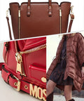 Leather bag, red jacket with golden zippers, brown quilted coat with zipper; focus on Zipper Repair Kit Upgrade With Replacement Sliders.