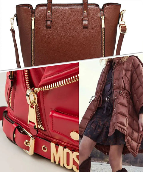 Leather bag, red jacket with golden zippers, brown quilted coat with zipper; focus on Zipper Repair Kit Upgrade With Replacement Sliders.