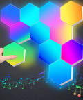 Lit RGB Hexagon LED Panel Lights For Wall With Smart App Control And Remote Music Sync Enabled DIY Geometric Gaming Room Decor For Living Room Bedroom Streaming Setup 7 Panel Pack displayed with music notes and hand installing a panel