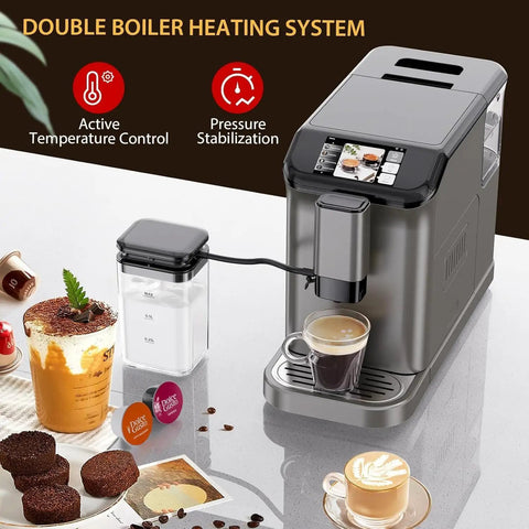 Fully Automatic Espresso Machine Delivering Knockout Crema With 20 Bar Pump Pressure Built In Burr Grinder And Straight Up Easy Milk Frother For Smooth Cappuccino And Iced Coffee Sips on kitchen counter with coffee drinks and sugar container.