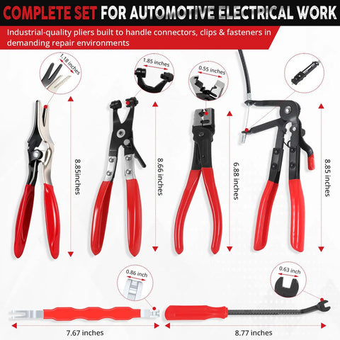 Six Piece Hose Clamp Pliers Set With 27 Inch Long Reach for Deep Engine Bay Access with red and black handles on white background