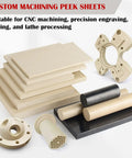 Anti Static PEEK Sheet 50x50x1mm 4Pcs High Temp Conductive Polyether Plate For Industrial And DIY Pros And Hobbyists Use Premium Engineering Plastic With 260 Degree Celsius Heat Resistance And Tough Chemical Wear Resistance., stacked PEEK sheets and machined parts for CNC machining