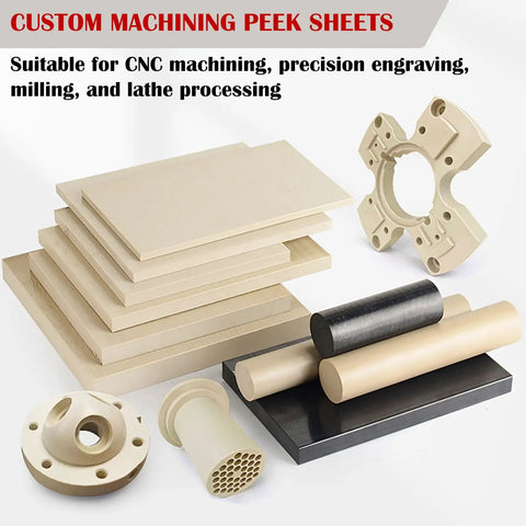 Anti Static PEEK Sheet 50x50x1mm 4Pcs High Temp Conductive Polyether Plate For Industrial And DIY Pros And Hobbyists Use Premium Engineering Plastic With 260 Degree Celsius Heat Resistance And Tough Chemical Wear Resistance., stacked PEEK sheets and machined parts for CNC machining