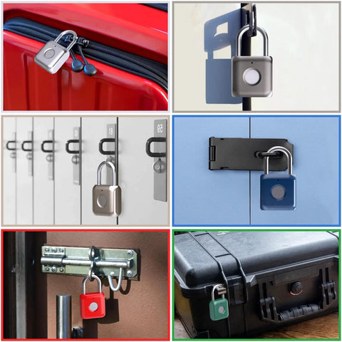 Biometric Fingerprint Smart Padlock Keyless Thumbprint Lock USB Rechargeable, various colors on lockers and suitcase