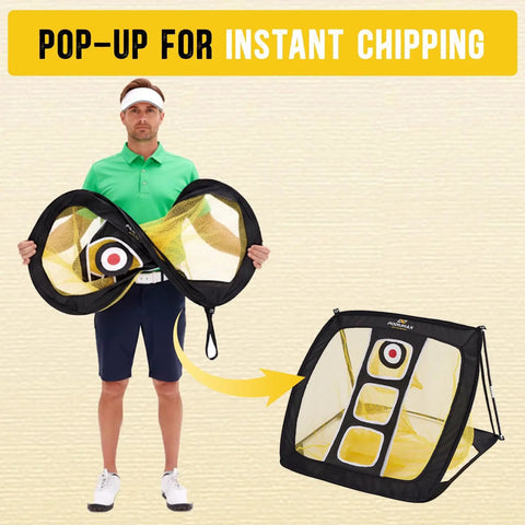 Man holding Chipping Net Pop Up Golf Net For Backyard Driving And Indoor Outdoor Practice Improve Short Game Accuracy Net