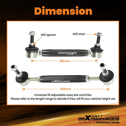 Universal Adjustable Front Sway Bar End Links 180mm-230mm For Cars And Light Trucks, Heavy Duty Steel, Easy Install, Improve Handling, Reduce Body Roll, Replaces Factory Links With Stud To Stud Range; 180-230mm