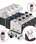 4V210-08 AC220V Pneumatic Solenoid Valve 5 Way 2 Position PT1/4 With Base Muffler And Quick Fittings Set in detail view
