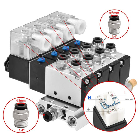 4V210-08 AC220V Pneumatic Solenoid Valve 5 Way 2 Position PT1/4 With Base Muffler And Quick Fittings Set in detail view