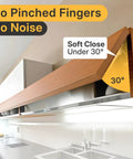 Two-pack lid stay hinges for long upper cabinets; installed on wooden door with soft-close under 30°, heavy-duty.