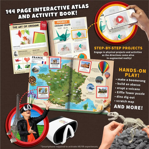 VR Atlas World Explorer Science Kit For Kids 8 To 12 - Totally Immersive AR Learning With A 144 Page Illustrated World Atlas, Hands-On Projects And Global Landmarks, Cultures, Currency And Cuisine. 144-page atlas and VR goggles with hands-on world map project