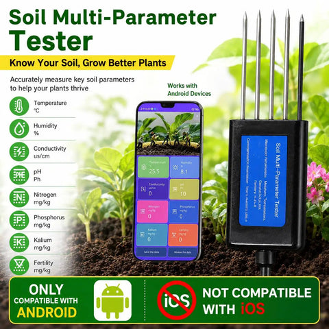 8 In 1 Soil Tester For NPK PH Moisture EC Conductivity And Fertility, High Accuracy Digital Soil Meter For Garden, Lawn, And Indoor Plants, Easy On The Go Soil Analysis Without Batteries, Quick Growth Boost. Android app soil tester with metal probes.
