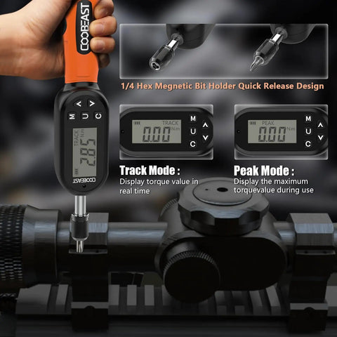 38-Piece Pro-Grade Electronic Digital Torque Wrench Set with 1/4-In Drive held above scope, real-time torque tracking display visible.