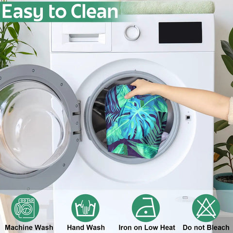Hand putting Palm Leaves Patio Cushion Covers Set 8 Pieces Stretch Outdoor Slipcovers into washing machine