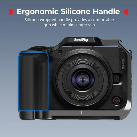 Camera Cage For Canon R50V Full Cage With Silicone Grip showcased highlighting ergonomic handle and accessory mounts.