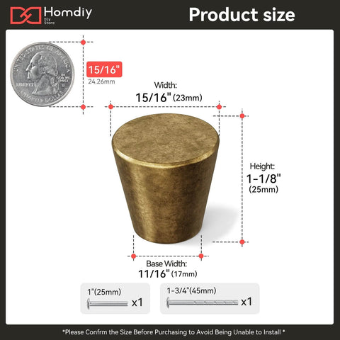 10 Pack Antique Brass Cabinet Knobs showing dimensions and included screws for easy installation.