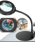 10X Magnifying Lamp with Light and Stand, 12.6 inch gooseneck, five color modes, stepless dimmable LED, hands-free tool on desk